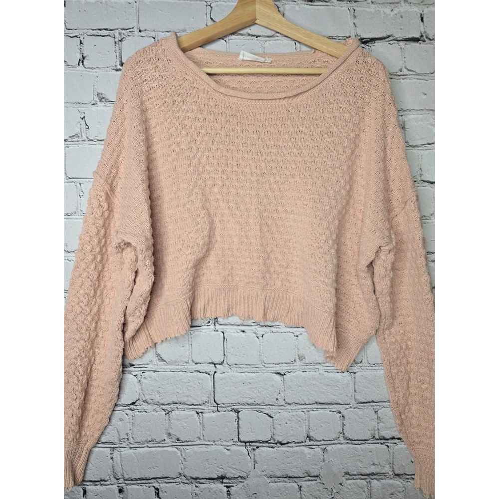 Double Zero Pink Cotton Blend Waffle Knit Cropped Sweater Boxy Round Neck Top‎